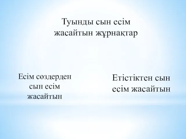 Туынды сын есім жасайтын жұрнақтар Есім сөздерден сын есім жасайтын Етістіктен сын есім жасайтын