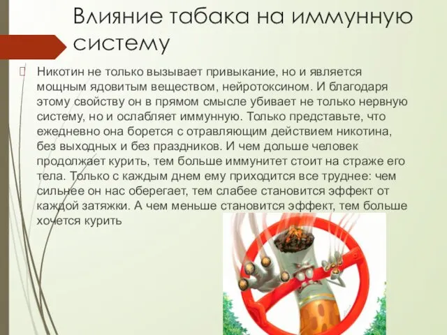 Влияние табака на иммунную систему Никотин не только вызывает привыкание,