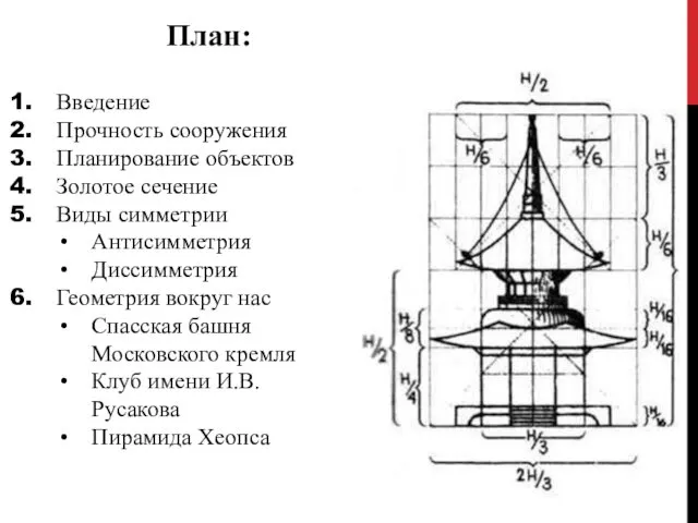 План: Введение Прочность сооружения Планирование объектов Золотое сечение Виды симметрии Антисимметрия Диссимметрия Геометрия