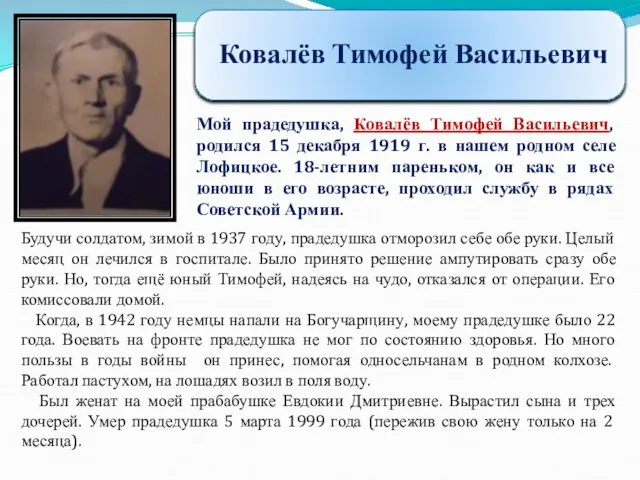 Мой прадедушка, Ковалёв Тимофей Васильевич, родился 15 декабря 1919 г. в нашем родном