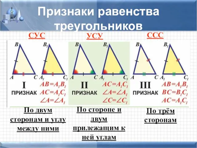 Признаки равенства треугольников СУС УСУ ССС По двум сторонам и