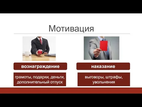 Мотивация вознаграждение наказание грамоты, подарки, деньги, дополнительный отпуск выговоры, штрафы, увольнения