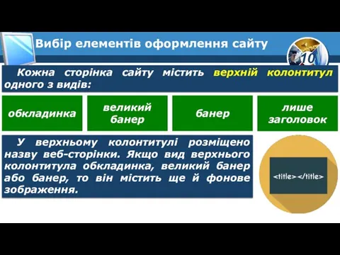 Вибір елементів оформлення сайту Кожна сторінка сайту містить верхній колонтитул