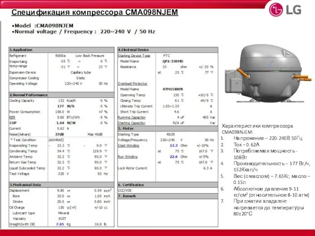 Спецификация компрессора CMA098NJEM Характеристики компрессора CMA098NJEM: Напряжение – 220-240В 50Гц