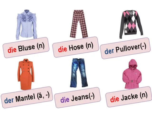 der Mantel (ä, -) die Hose (n) die Jacke (n) die Bluse (n)