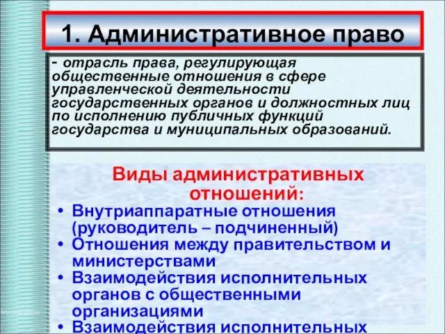 Виды административных отношений: Внутриаппаратные отношения (руководитель – подчиненный) Отношения между правительством и министерствами