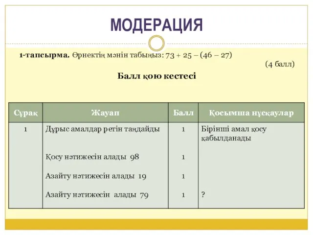 МОДЕРАЦИЯ 1-тапсырма. Өрнектің мәнін табыңыз: 73 + 25 – (46