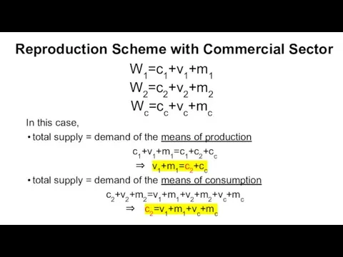 Reproduction Scheme with Commercial Sector W1=c1+v1+m1 W2=c2+v2+m2 Wc=cc+vc+mc In this case, total supply
