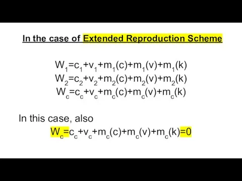 In the case of Extended Reproduction Scheme W1=c1+v1+m1(c)+m1(v)+m1(k) W2=c2+v2+m2(c)+m2(v)+m2(k) Wc=cc+vc+mc(c)+mc(v)+mc(k) In this case, also Wc=cc+vc+mc(c)+mc(v)+mc(k)=0