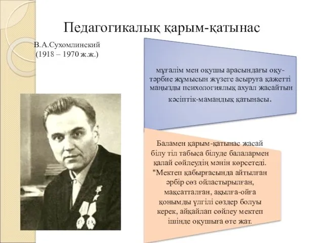 Педагогикалық қарым-қатынас В.А.Сухомлинский (1918 – 1970 ж.ж.) Баламен қарым-қатынас жасай