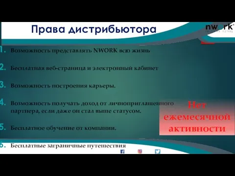 www.nworkinternational.com Права дистрибьютора Возможность представлять NWORK всю жизнь Бесплатная веб-страница