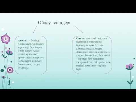 Ойлау тәсілдері Анализ – бүтінді бөлшектеп, майдалау, мүшелеу, белгілерге бөліп