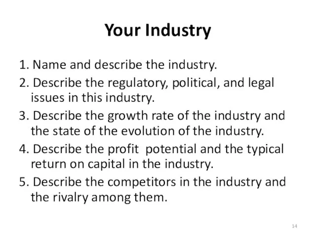 Your Industry 1. Name and describe the industry. 2. Describe