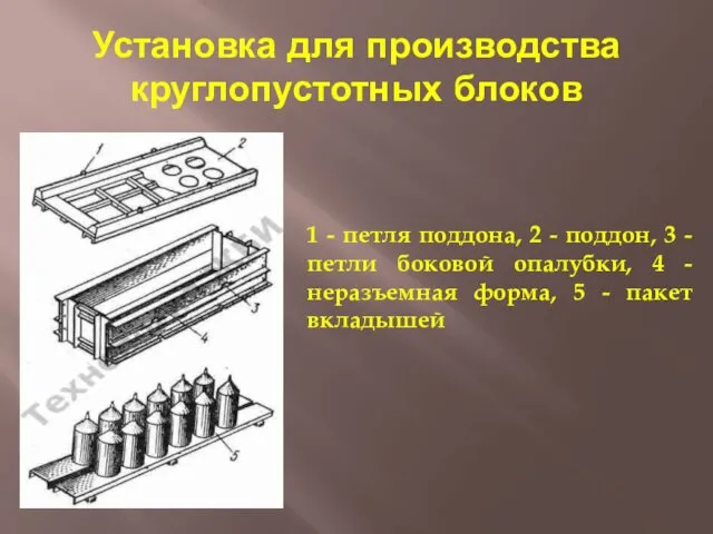 Установка для производства круглопустотных блоков 1 - петля поддона, 2