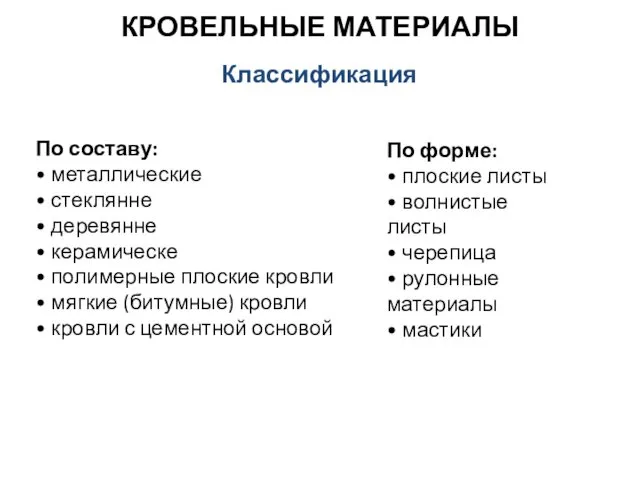 КРОВЕЛЬНЫЕ МАТЕРИАЛЫ Классификация По составу: • металлические • стеклянне •