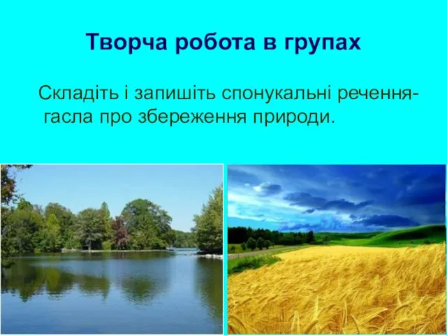 Творча робота в групах Складіть і запишіть спонукальні речення-гасла про збереження природи.