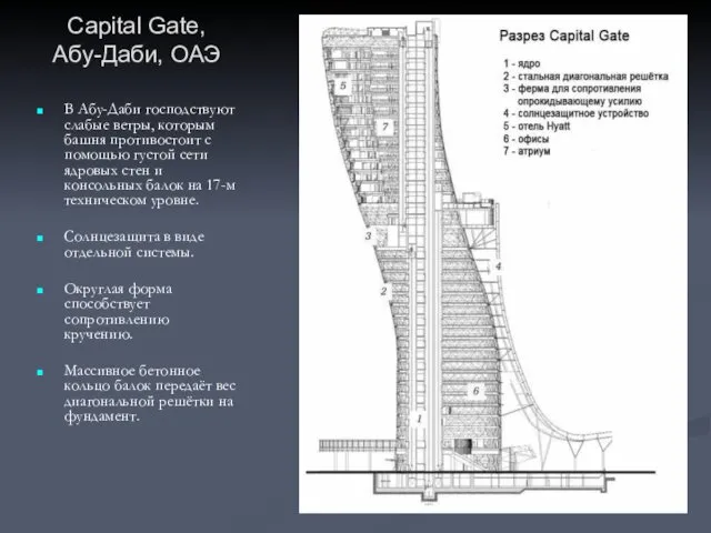 Capital Gate, Абу-Даби, ОАЭ В Абу-Даби господствуют слабые ветры, которым башня противостоит с