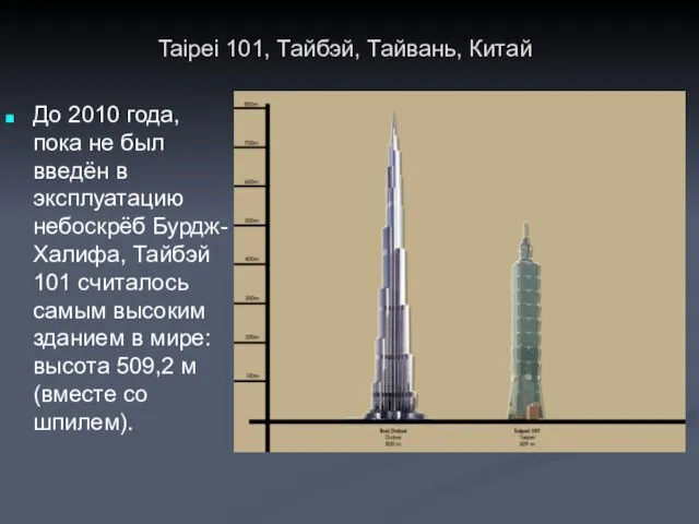 До 2010 года, пока не был введён в эксплуатацию небоскрёб Бурдж-Халифа, Тайбэй 101