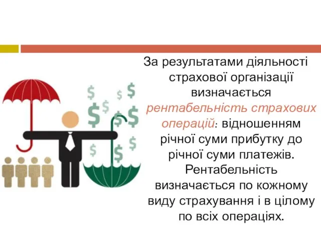 За результатами діяльності страхової організації визначається рентабельність страхових операцій: відношенням