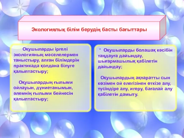 Оқушыларды іргелі экологияның мәселелермен таныстыру, алған білімдерін практикада қолдана білуге