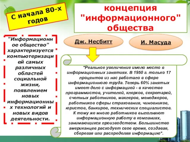 концепция "информационного" общества С начала 80-х годов Дж. Несбитт И.