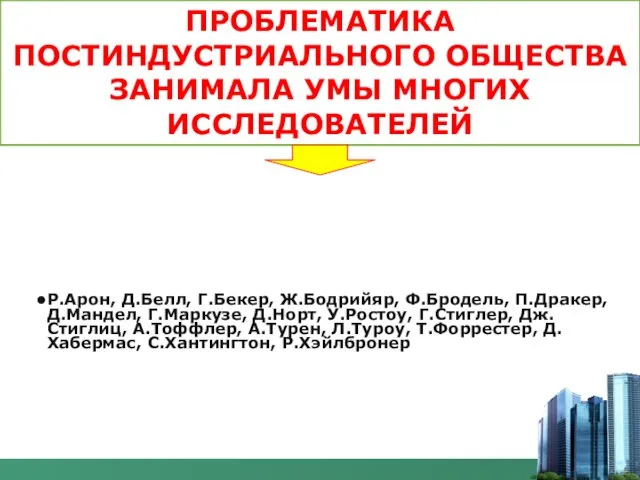 ПРОБЛЕМАТИКА ПОСТИНДУСТРИАЛЬНОГО ОБЩЕСТВА ЗАНИМАЛА УМЫ МНОГИХ ИССЛЕДОВАТЕЛЕЙ Р.Арон, Д.Белл, Г.Бекер,