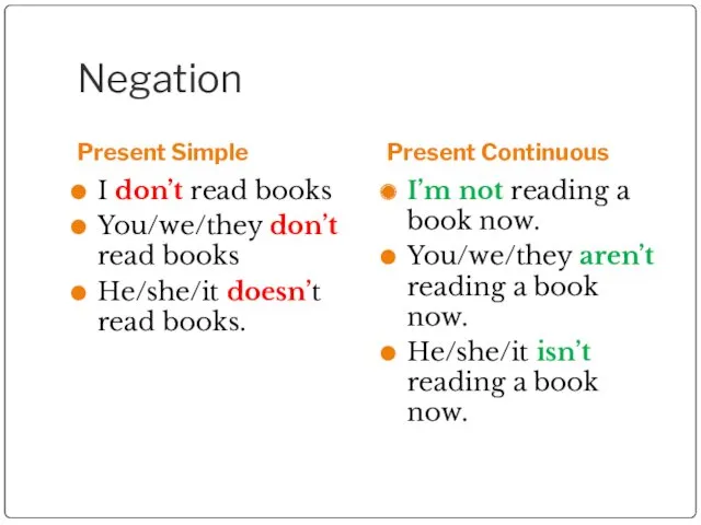 Negation Present Simple Present Continuous I don’t read books You/we/they