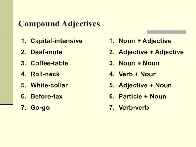 Compound Adjectives Capital-intensive Deaf-mute Coffee-table Roll-neck White-collar Before-tax Go-go Noun