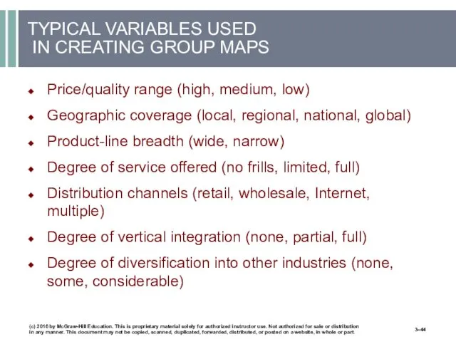 TYPICAL VARIABLES USED IN CREATING GROUP MAPS Price/quality range (high,