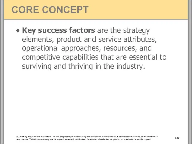 Key success factors are the strategy elements, product and service