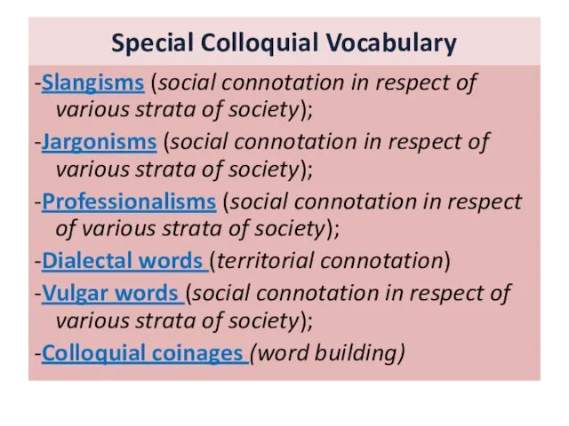 Special Colloquial Vocabulary -Slangisms (social connotation in respect of various