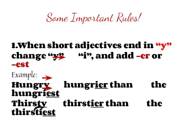 1.When short adjectives end in “y” change “y” “i”, and