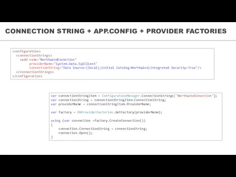 CONNECTION STRING + APP.CONFIG + PROVIDER FACTORIES providerName="System.Data.SqlClient" connectionString="Data Source=(local);Initial