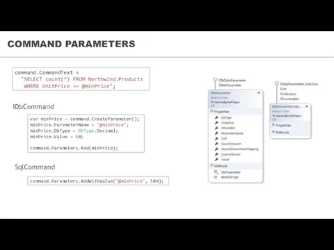 COMMAND PARAMETERS command.CommandText = "SELECT count(*) FROM Northwind.Products WHERE UnitPrice