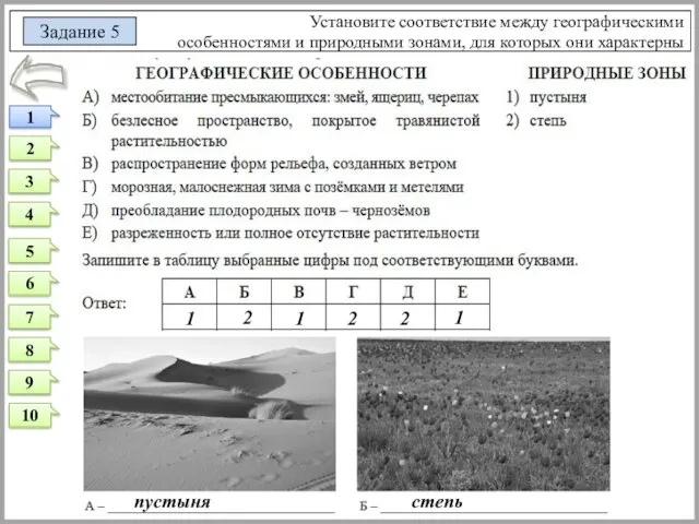 Установите соответствие между географическими особенностями и природными зонами, для которых