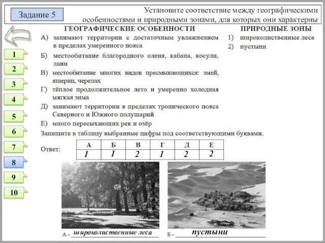 Установите соответствие между географическими особенностями и природными зонами, для которых