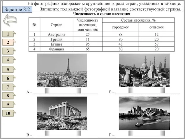 На фотографиях изображены крупнейшие города стран, указанных в таблице. Запишите