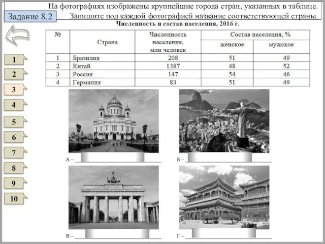 На фотографиях изображены крупнейшие города стран, указанных в таблице. Запишите