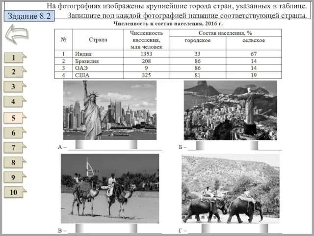 На фотографиях изображены крупнейшие города стран, указанных в таблице. Запишите