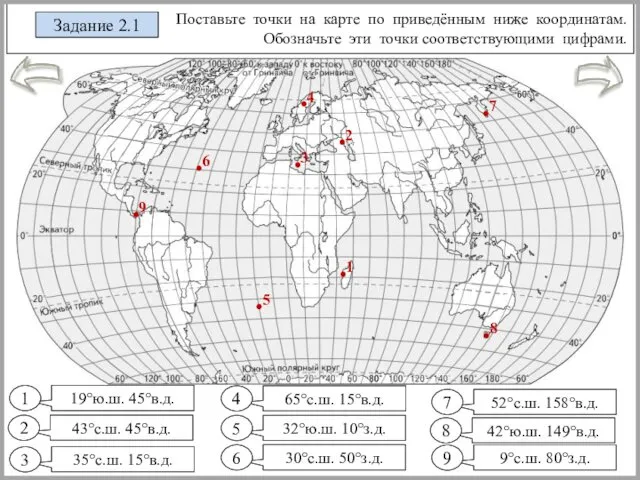 Поставьте точки на карте по приведённым ниже координатам. Обозначьте эти