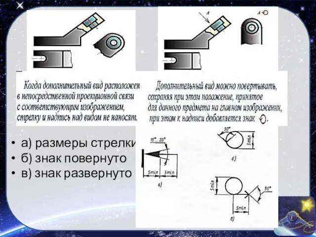 а) размеры стрелки б) знак повернуто в) знак развернуто