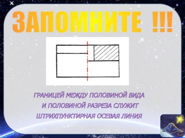 ГРАНИЦЕЙ МЕЖДУ ПОЛОВИНОЙ ВИДА И ПОЛОВИНОЙ РАЗРЕЗА СЛУЖИТ ШТРИХПУНКТИРНАЯ ОСЕВАЯ ЛИНИЯ ЗАПОМНИТЕ !!!