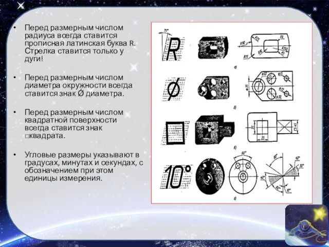 Перед размерным числом радиуса всегда ставится прописная латинская буква R.