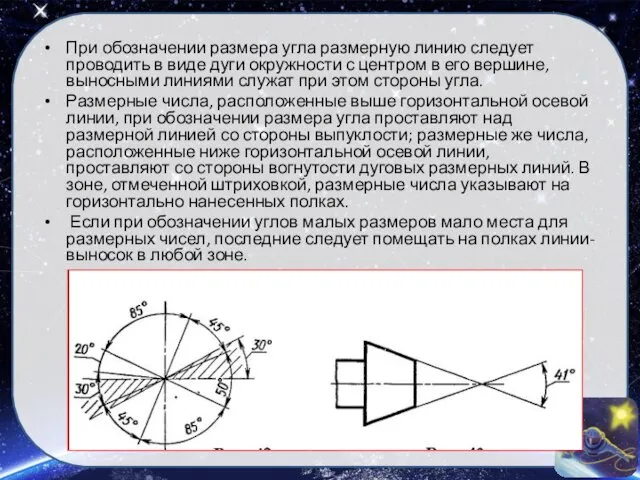 При обозначении размера угла размерную линию следует проводить в виде