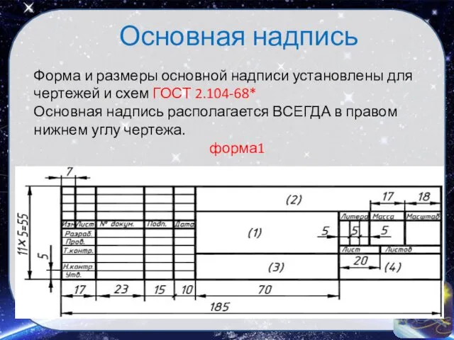 Основная надпись Форма и размеры основной надписи установлены для чертежей