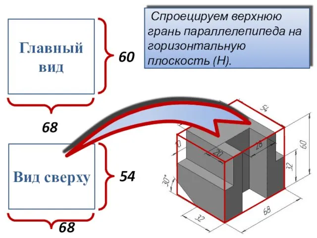 Главный вид 60 68 Вид сверху 54 68 Спроецируем верхнюю грань параллелепипеда на горизонтальную плоскость (Н).