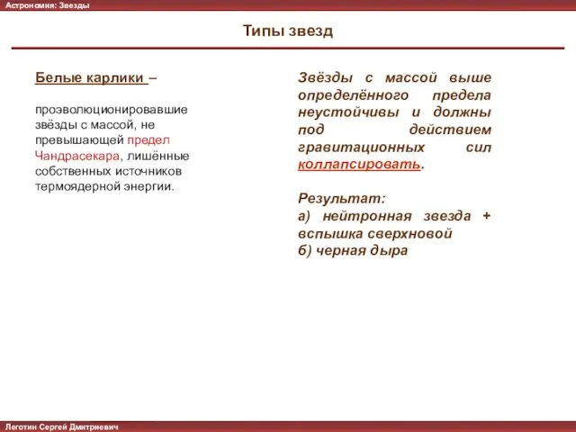 Типы звезд Леготин Сергей Дмитриевич Астрономия: Солнечная система Леготин Сергей