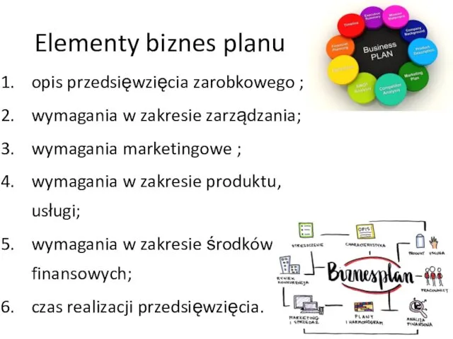 Elementy biznes planu opis przedsięwzięcia zarobkowego ; wymagania w zakresie