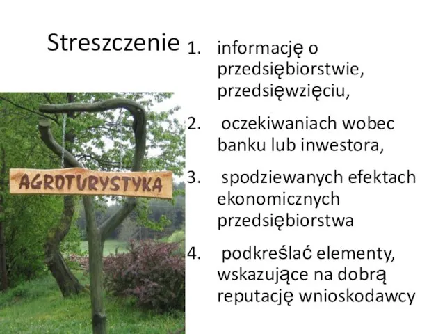 Streszczenie informację o przedsiębiorstwie, przedsięwzięciu, oczekiwaniach wobec banku lub inwestora,