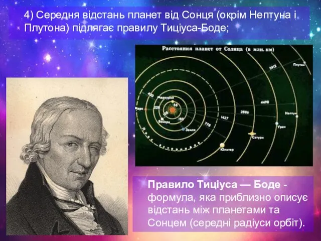 4) Середня відстань планет від Сонця (окрім Нептуна і Плутона)